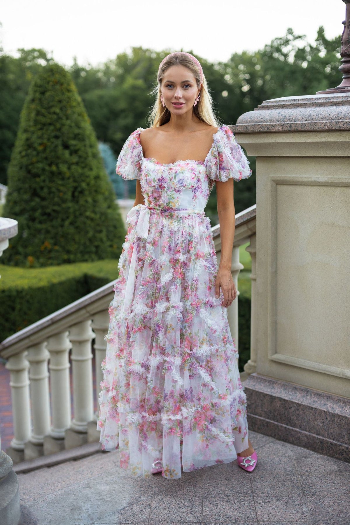 Sada Bubble Sleeve Mesh Floral Maxi Dress In White