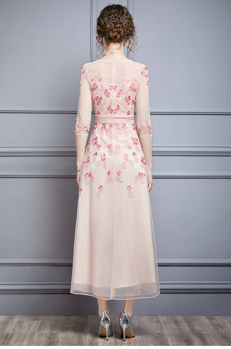 Bunyan Embroidered Beaded Midi Dress in Pink - PDC