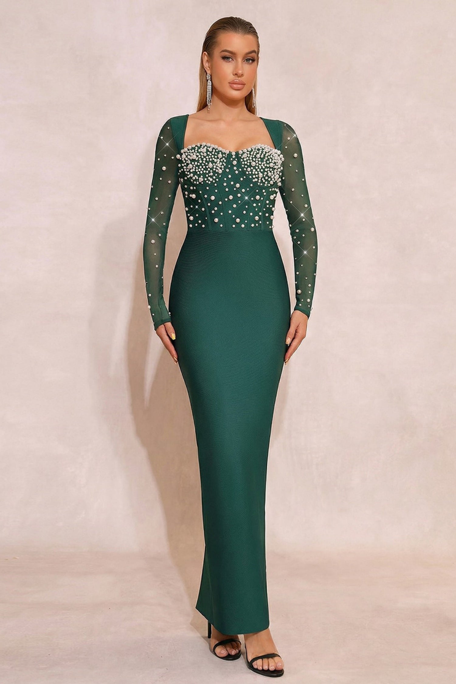 Caden Dark Green Beaded Bandage Maxi Dress