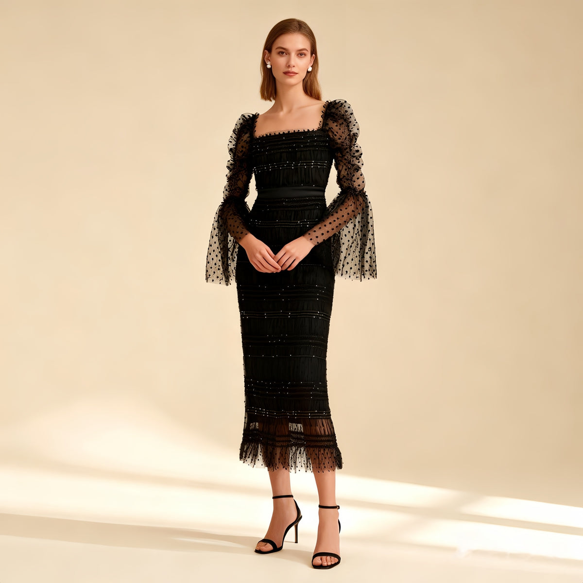 Calvin Black Sequin Mesh Maxi Dress