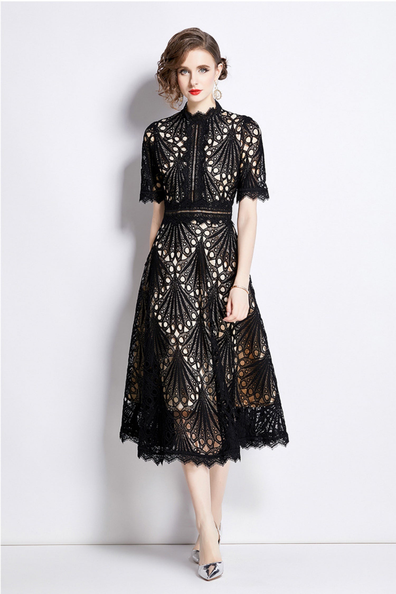 Casper Black Lace Cutout Midi Dress