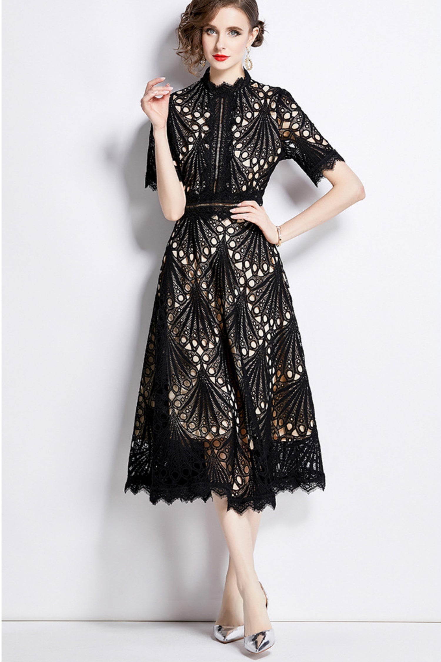 Casper Black Lace Cutout Midi Dress