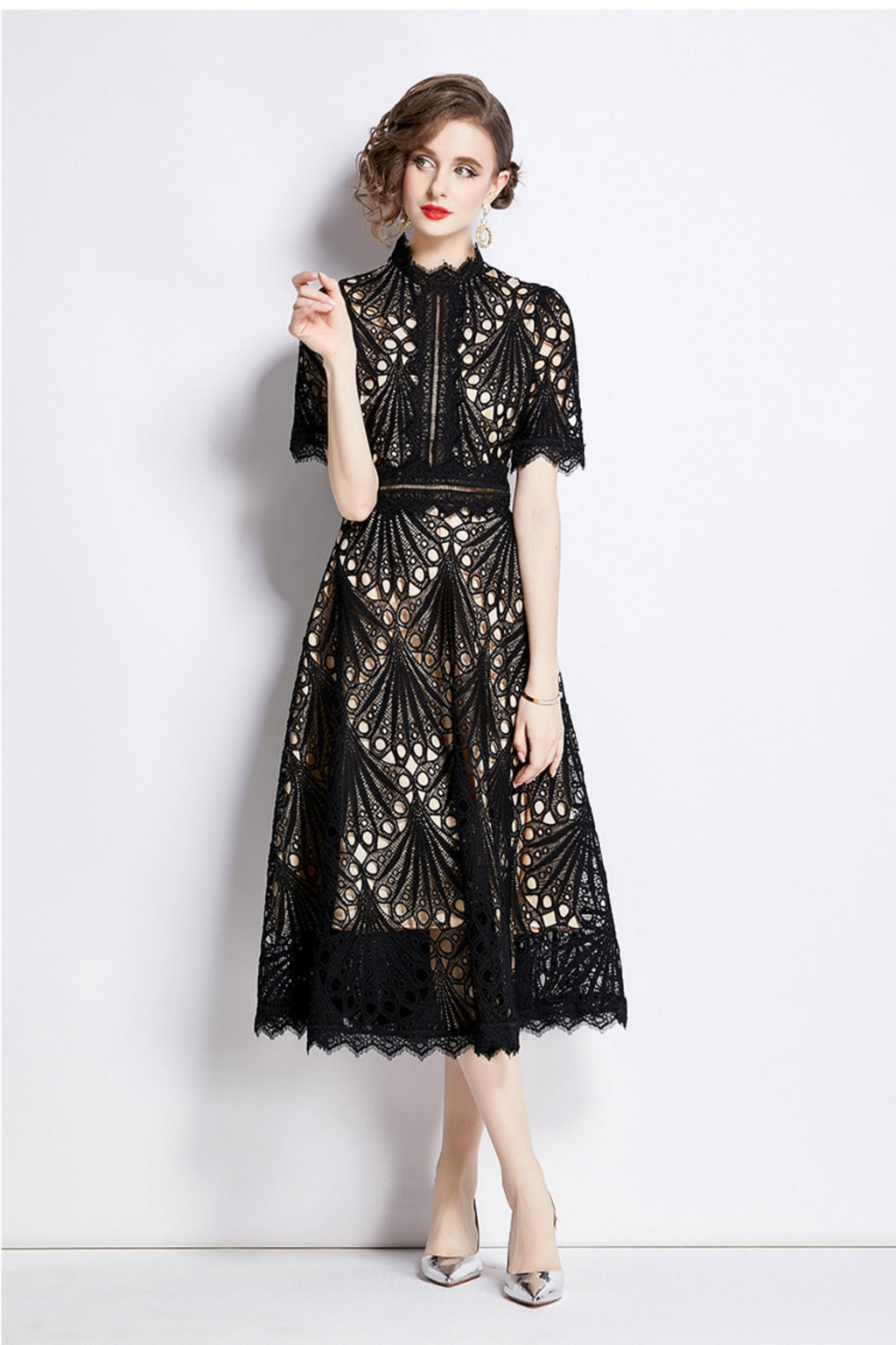 Casper Black Lace Cutout Midi Dress