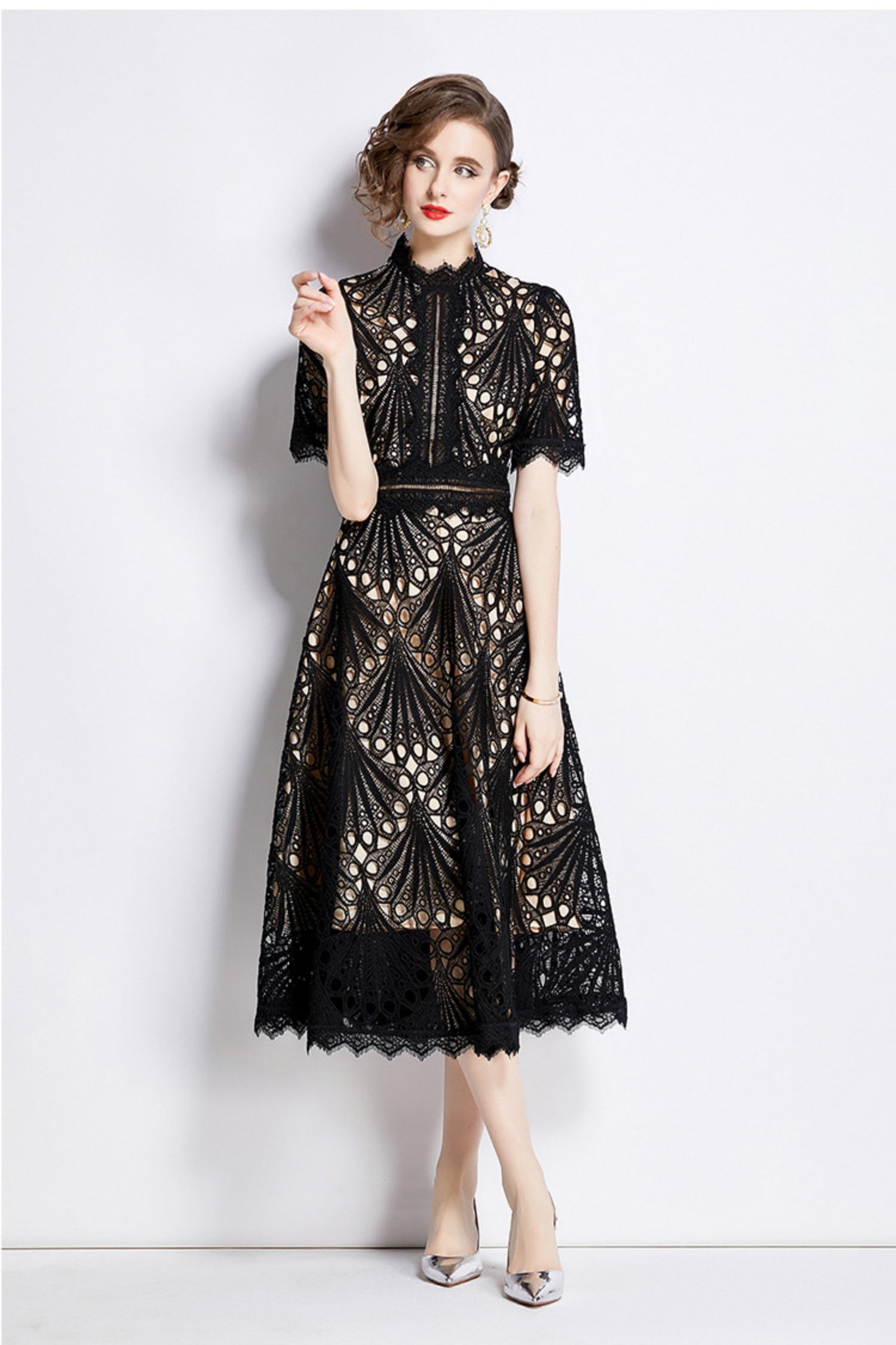 Casper Black Lace Cutout Midi Dress