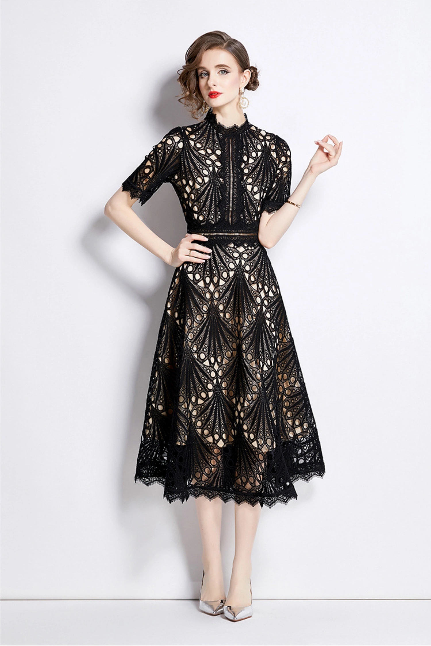 Casper Black Lace Cutout Midi Dress
