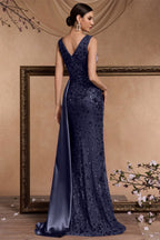 Celine Dark Blue Sequin Print Maxi Evening Dress