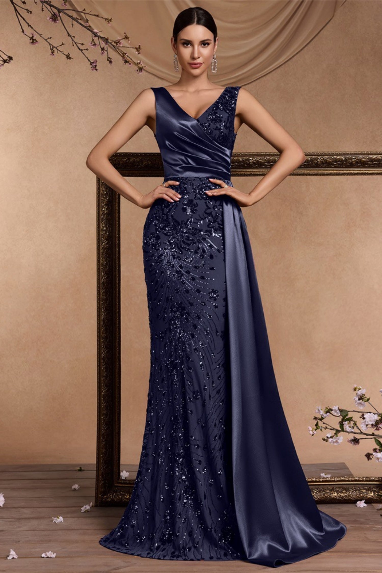 Celine Dark Blue Sequin Print Maxi Evening Dress Main image