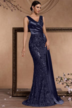 Celine Dark Blue Sequin Print Maxi Evening Dress