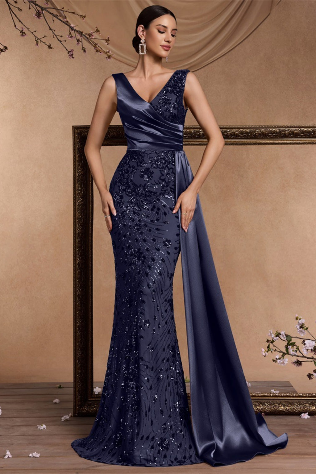 Celine Dark Blue Sequin Print Maxi Evening Dress