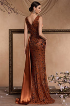 Celine Rust Sequin Print Maxi Evening Dress