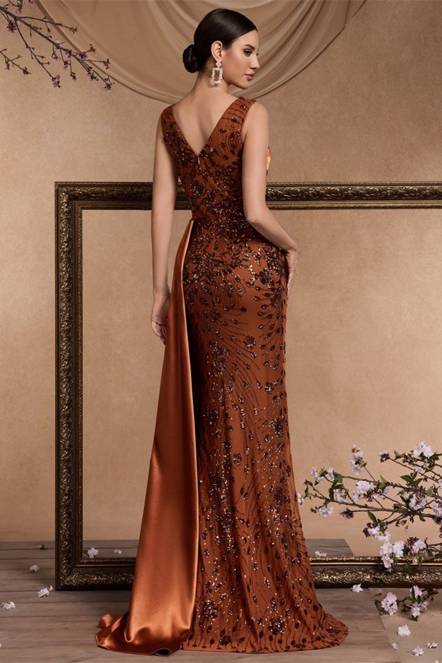 Celine Rust Sequin Print Maxi Evening Dress