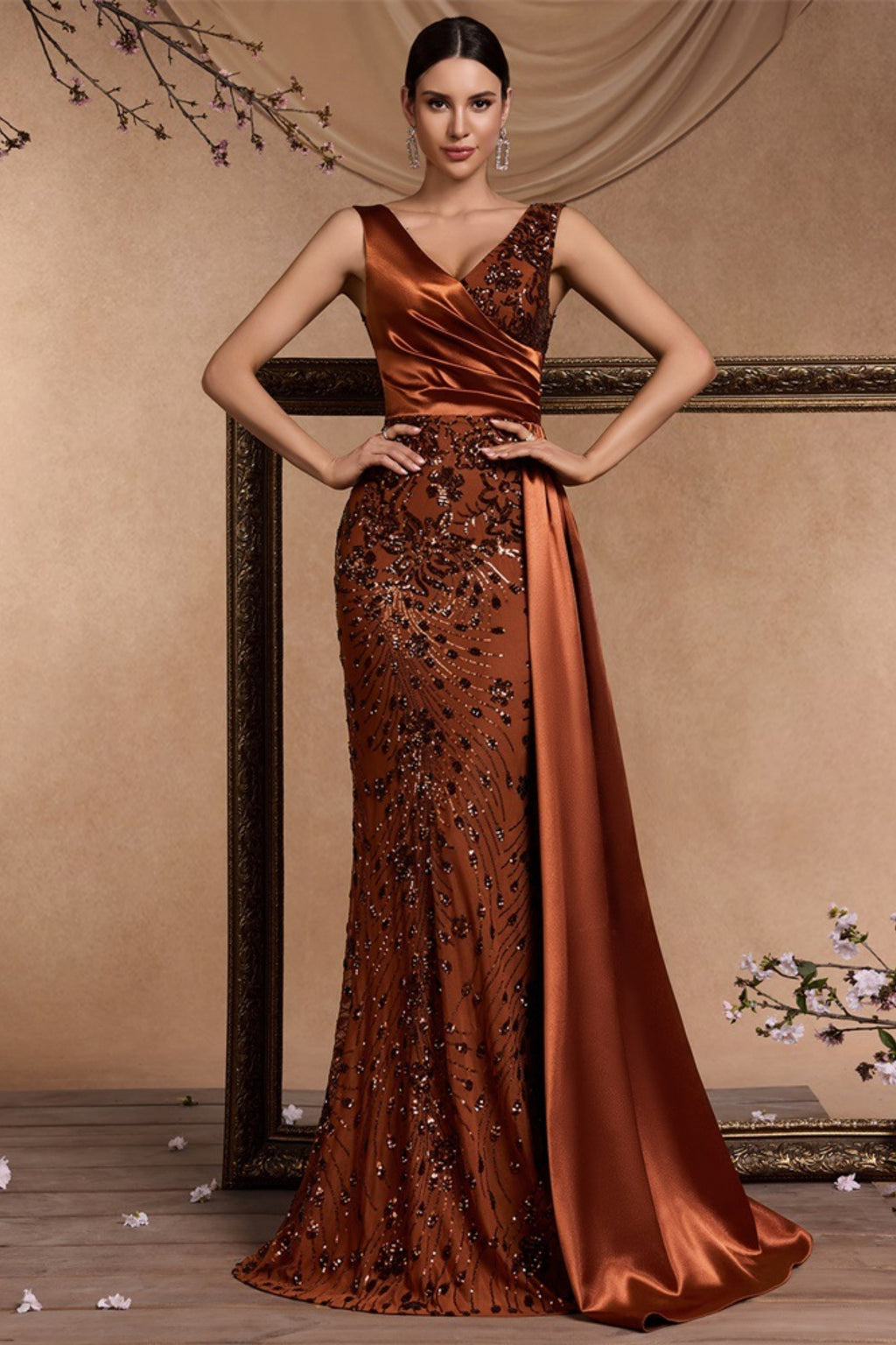 Celine Rust Sequin Print Maxi Evening Dress