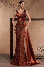 Celine Rust Sequin Print Maxi Evening Dress