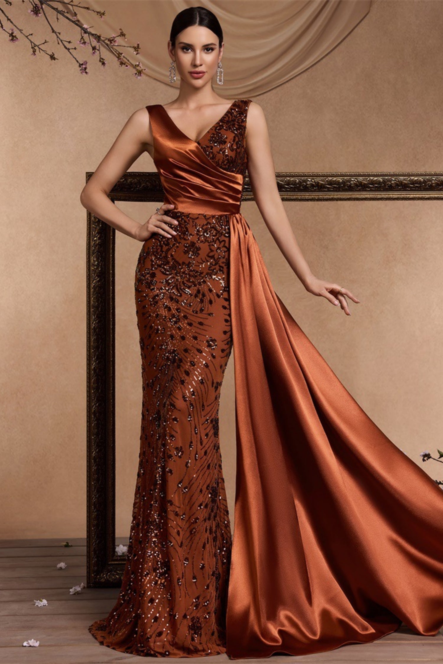Celine Rust Sequin Print Maxi Evening Dress