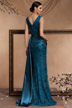 Celine Teal Blue Sequin Print Maxi Evening Dress
