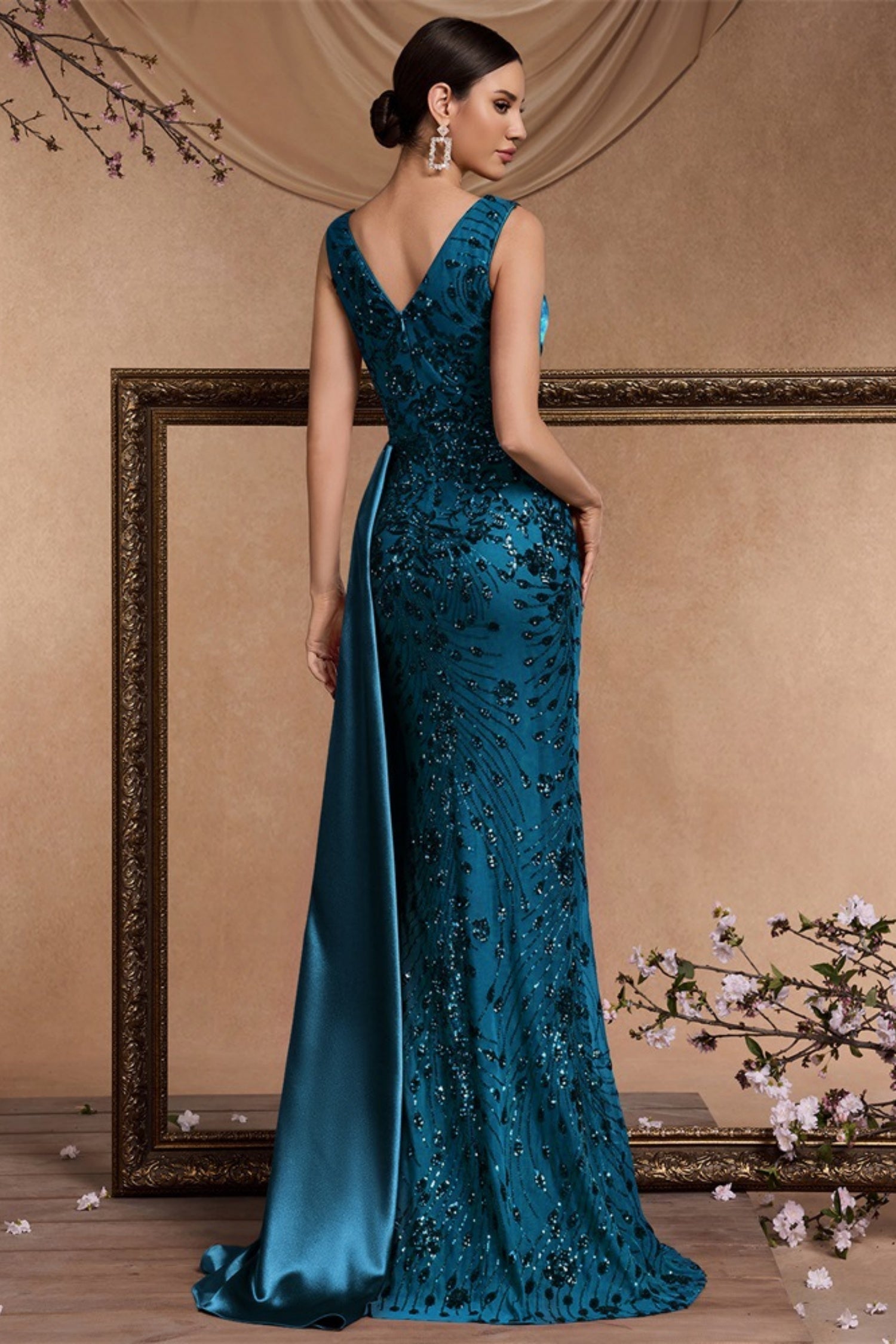 Celine Teal Blue Sequin Print Maxi Evening Dress