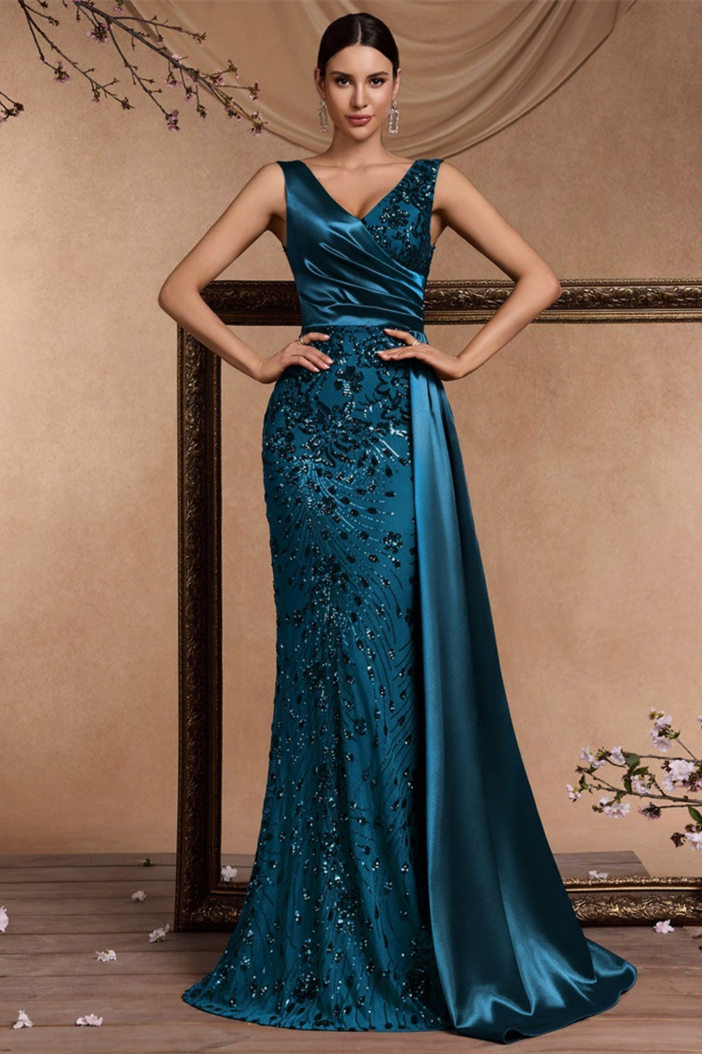 Celine Teal Blue Sequin Print Maxi Evening Dress