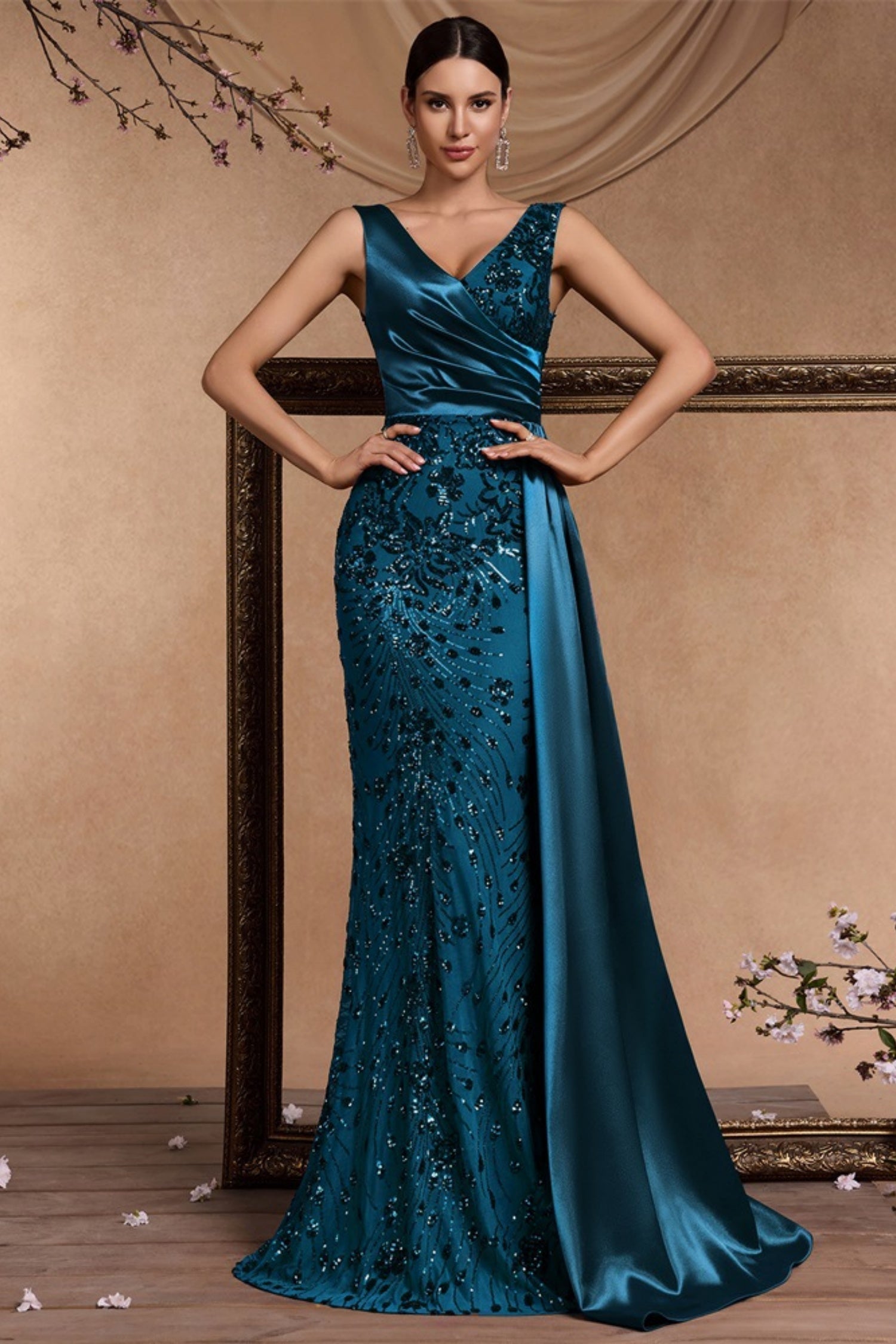Celine Teal Blue Sequin Print Maxi Evening Dress