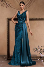 Celine Teal Blue Sequin Print Maxi Evening Dress