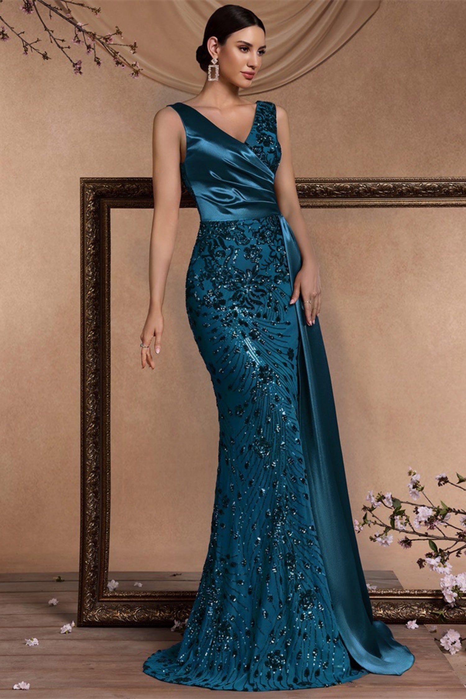 Celine Teal Blue Sequin Print Maxi Evening Dress