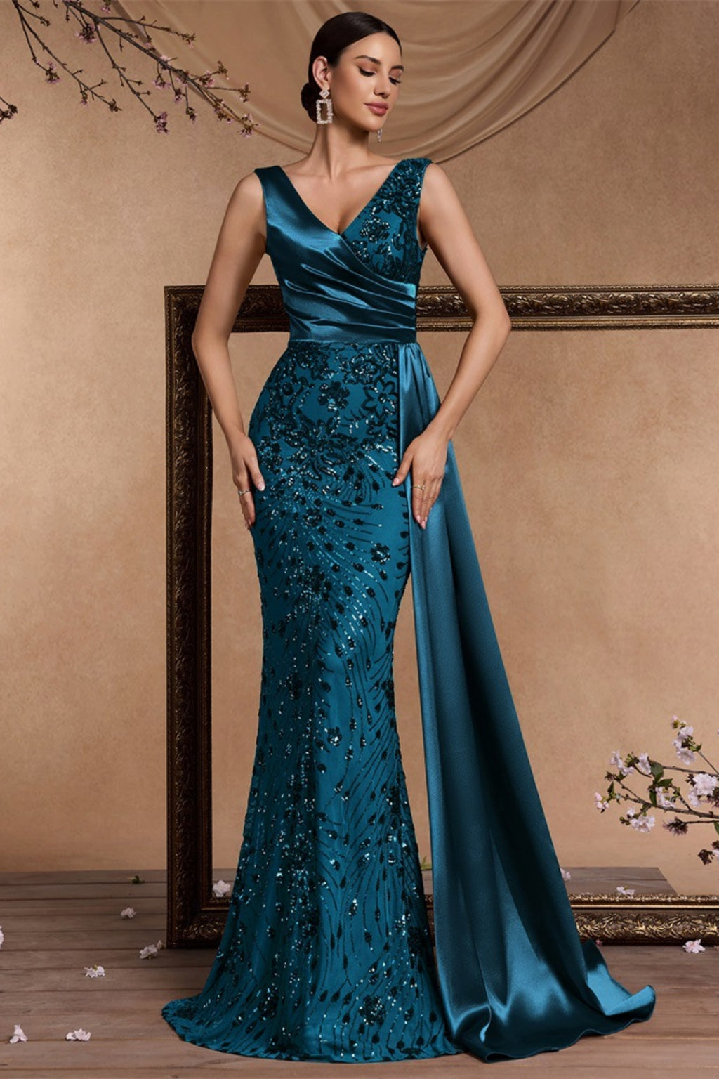 Celine Teal Blue Sequin Print Maxi Evening Dress