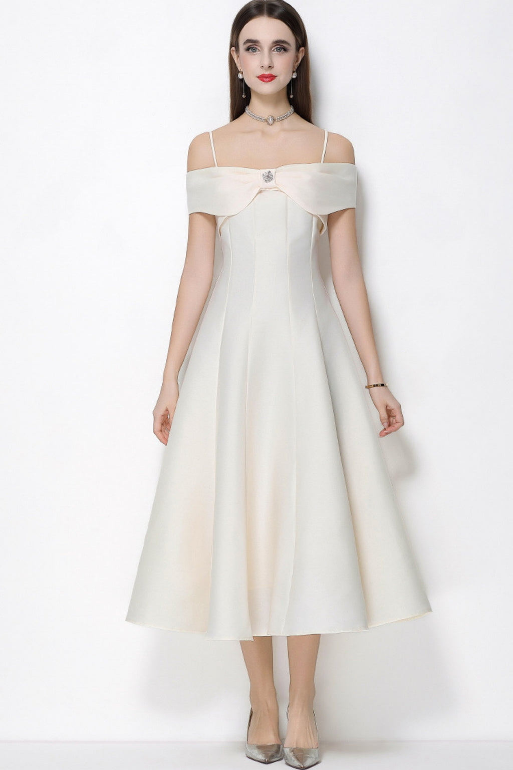 Clementine Apricot Bow Spaghetti Strap Midi Dress