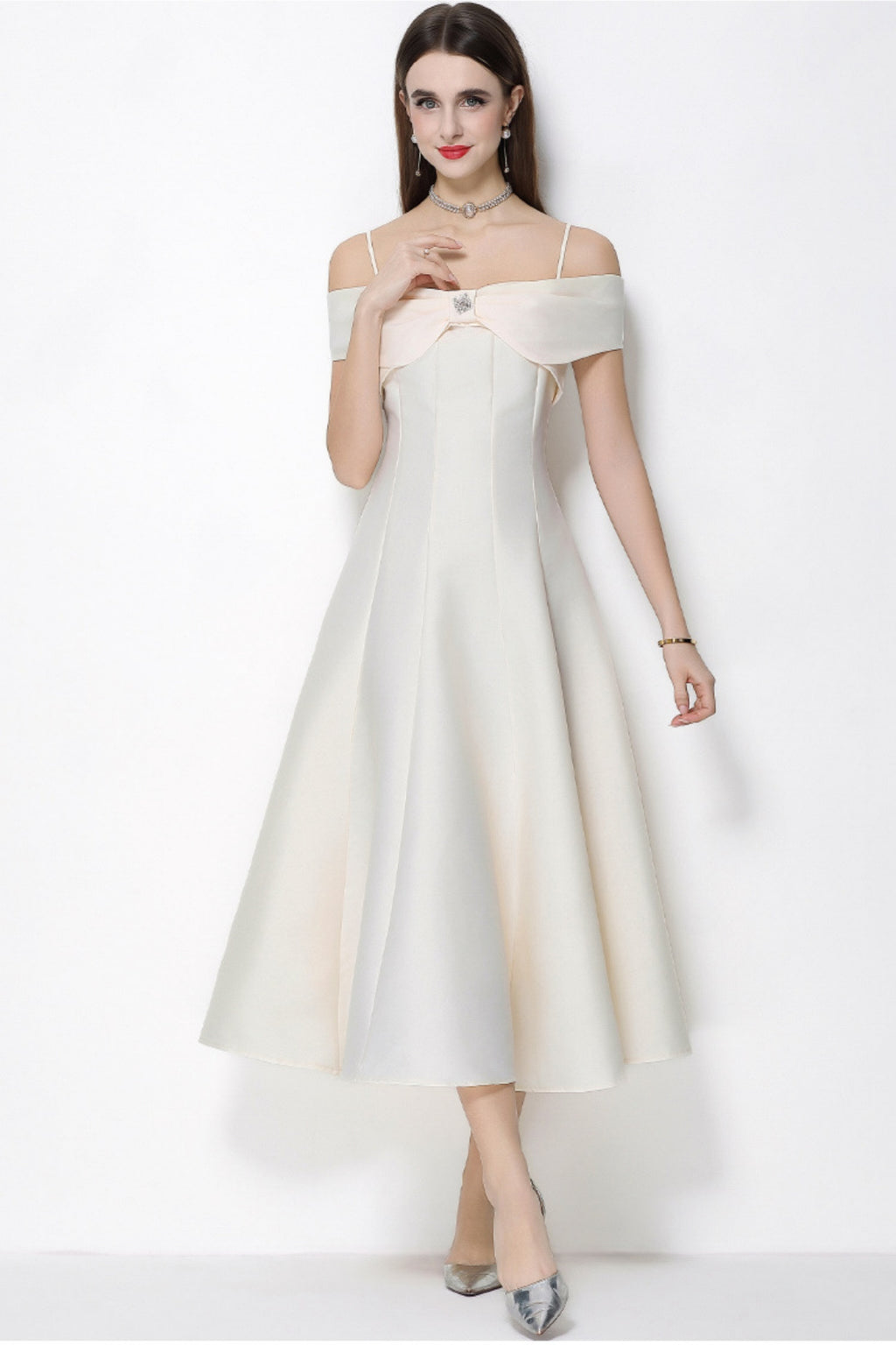 Clementine Apricot Bow Spaghetti Strap Midi Dress