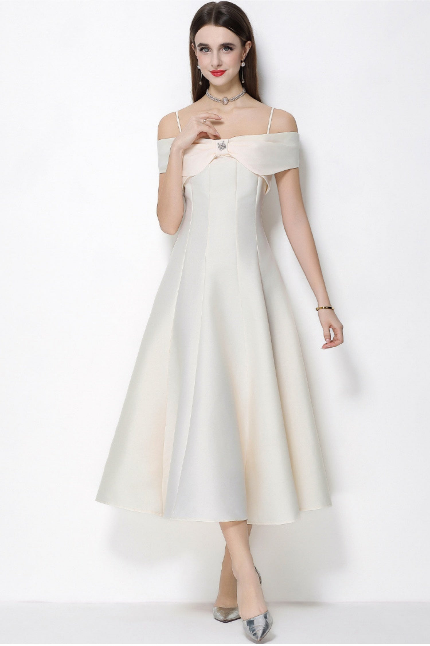 Clementine Apricot Bow Spaghetti Strap Midi Dress