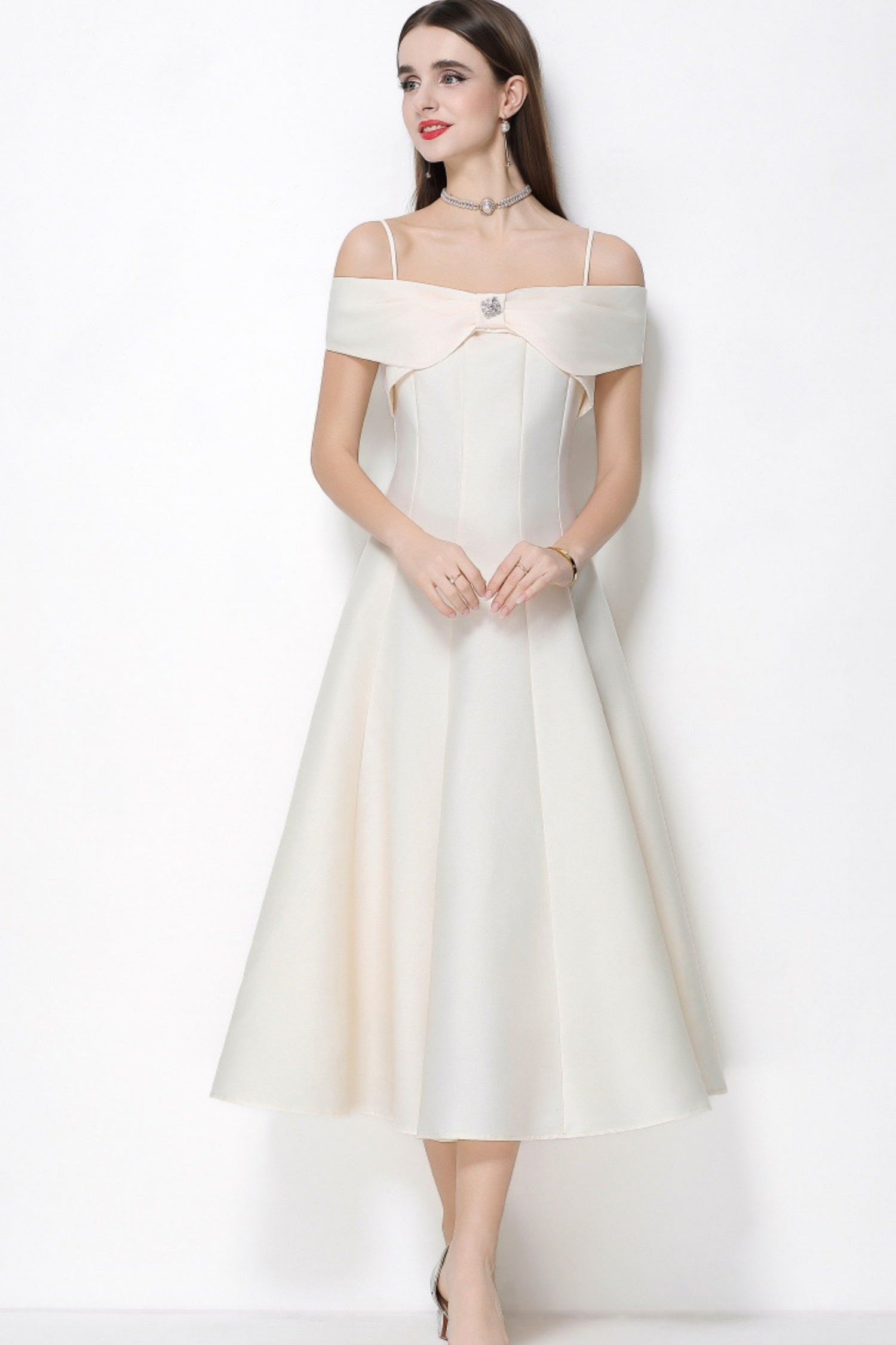 Clementine Apricot Bow Spaghetti Strap Midi Dress