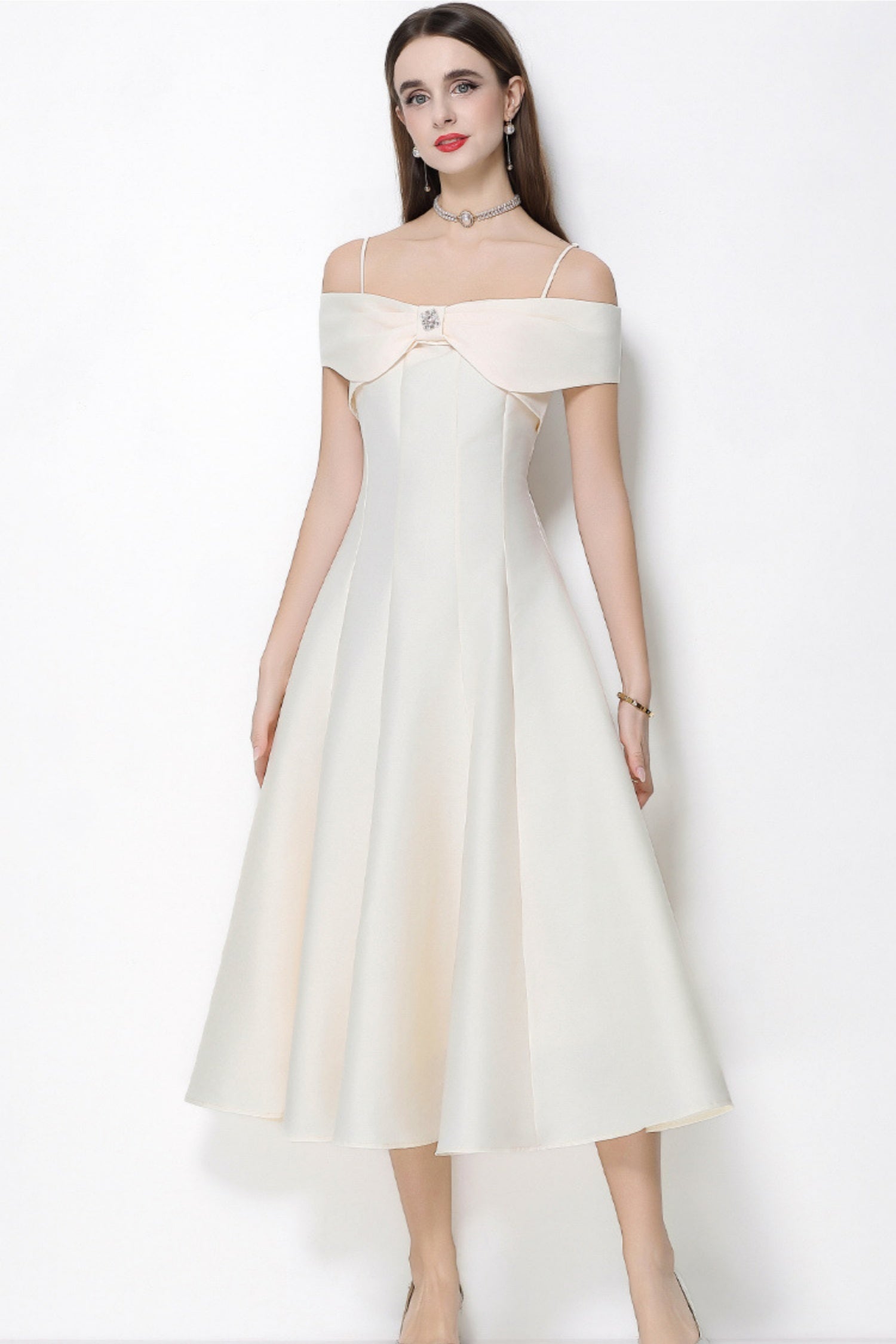 Clementine Apricot Bow Spaghetti Strap Midi Dress