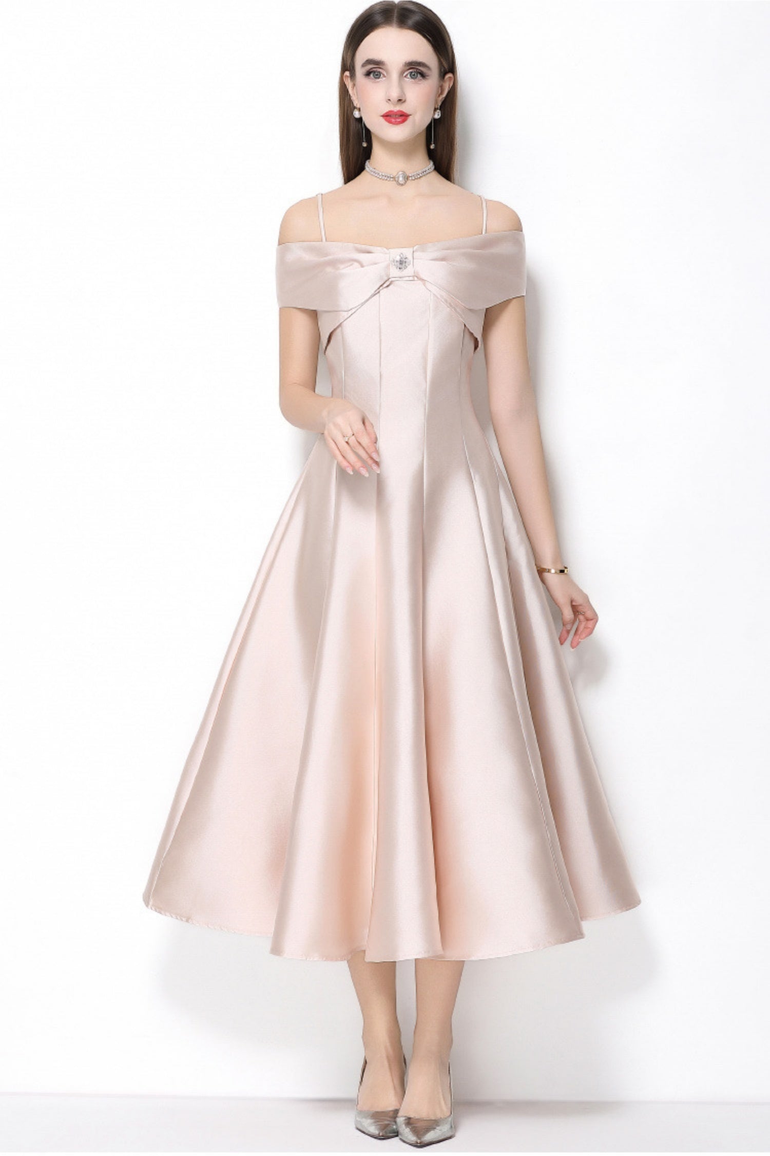 Clementine Milky Beige Bow Spaghetti Strap Midi Dress Secondary image