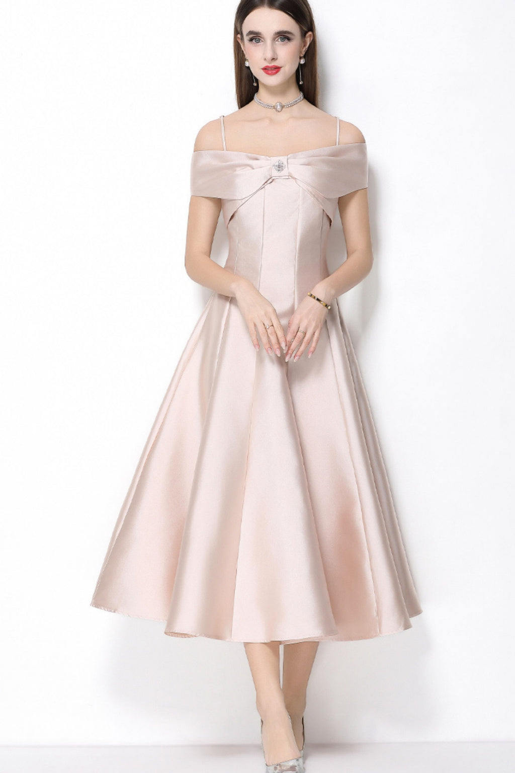 Clementine Milky Beige Bow Spaghetti Strap Midi Dress