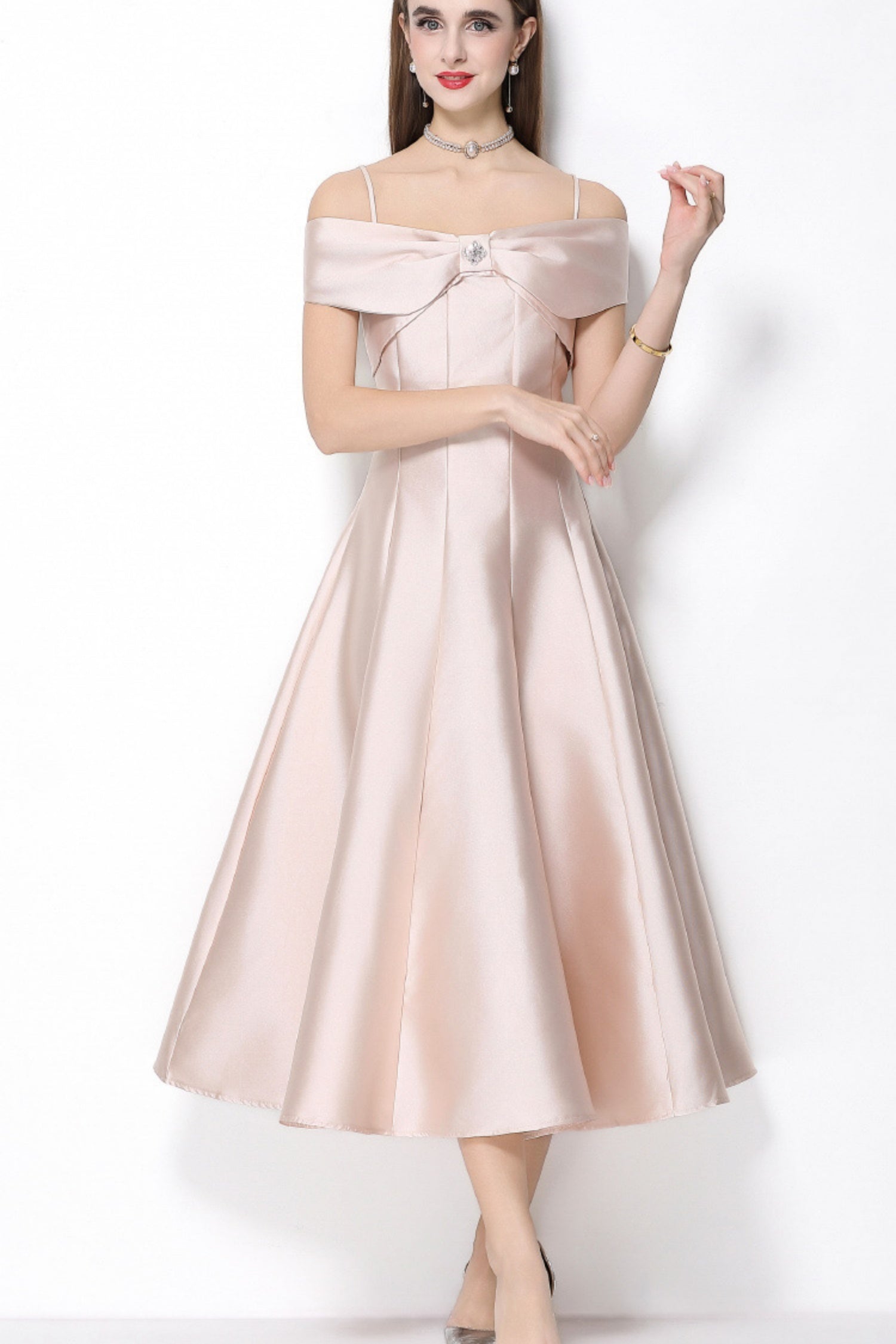 Clementine Milky Beige Bow Spaghetti Strap Midi Dress