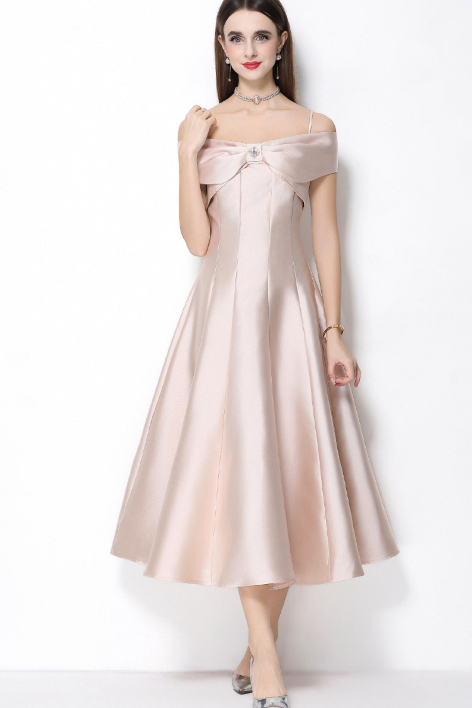 Clementine Milky Beige Bow Spaghetti Strap Midi Dress