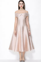 Clementine Milky Beige Bow Spaghetti Strap Midi Dress