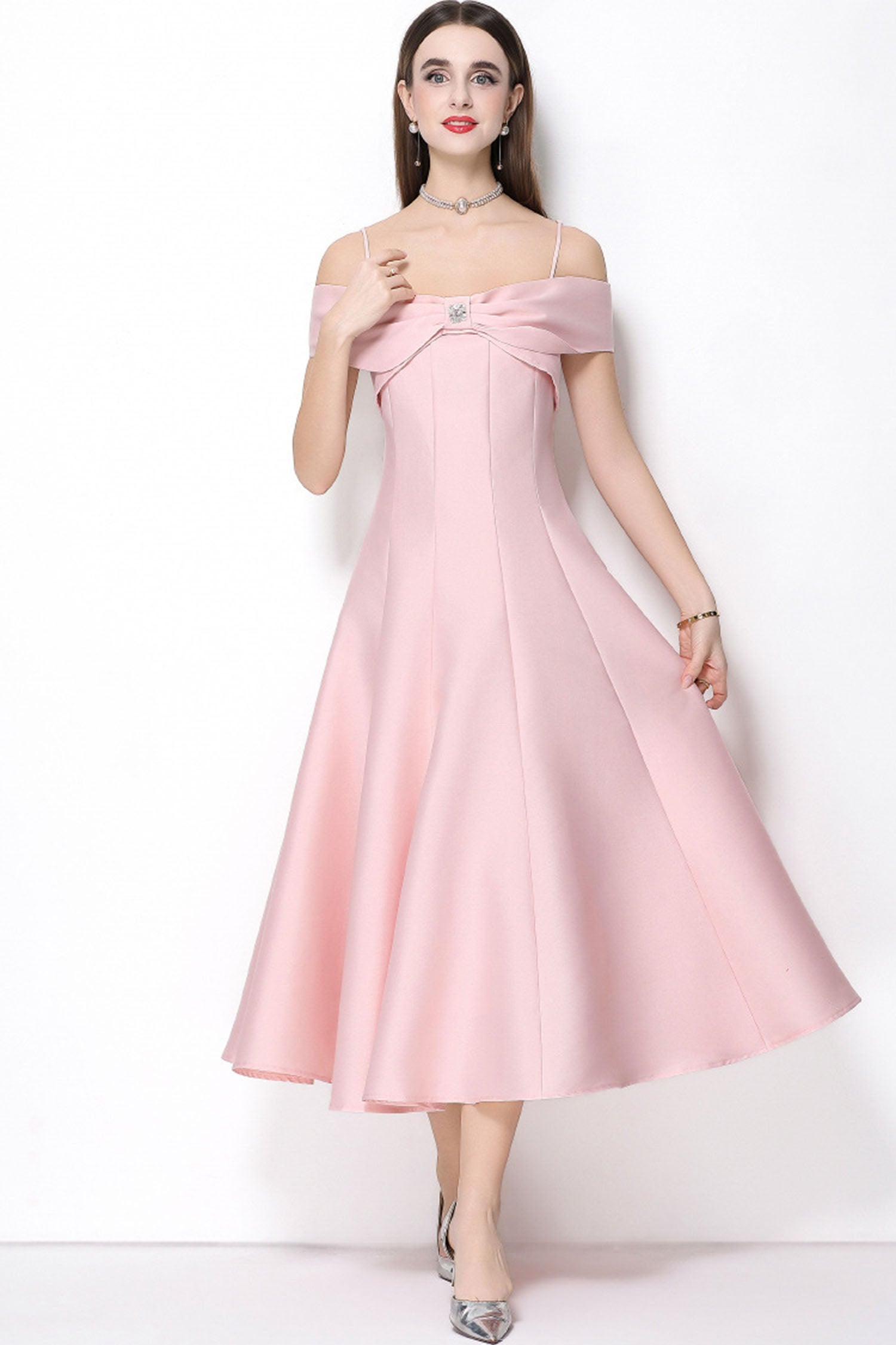 Clementine Pink Bow Spaghetti Strap Midi Dress Secondary image