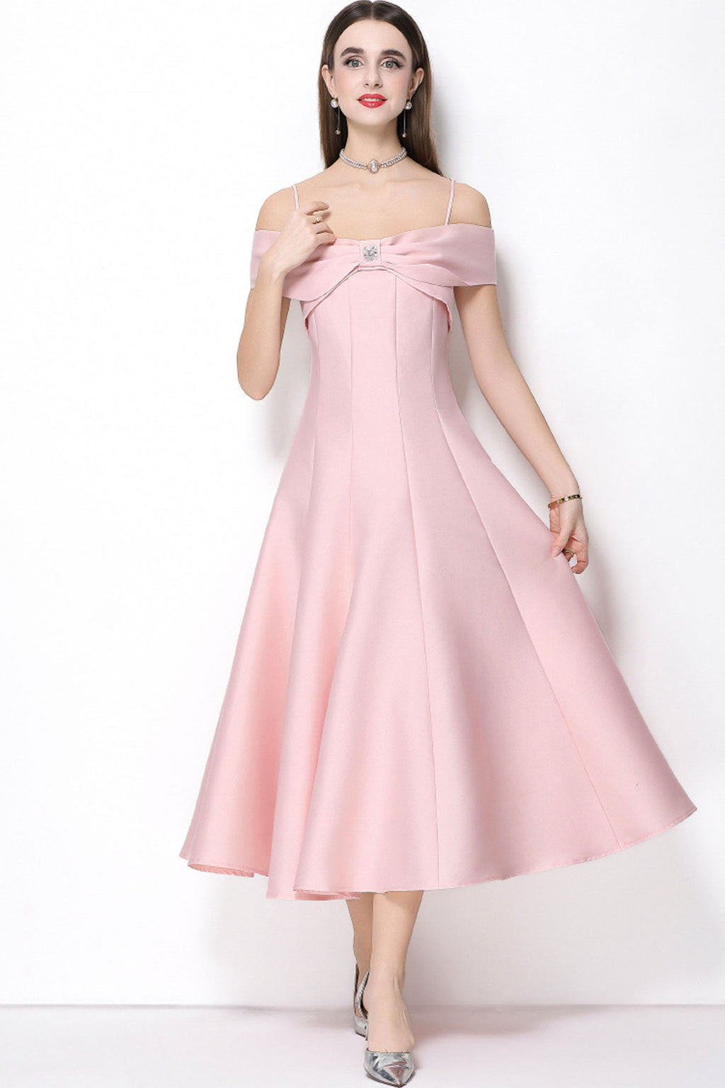 Clementine Pink Bow Spaghetti Strap Midi Dress