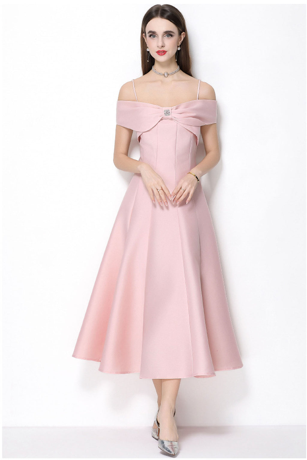 Clementine Pink Bow Spaghetti Strap Midi Dress