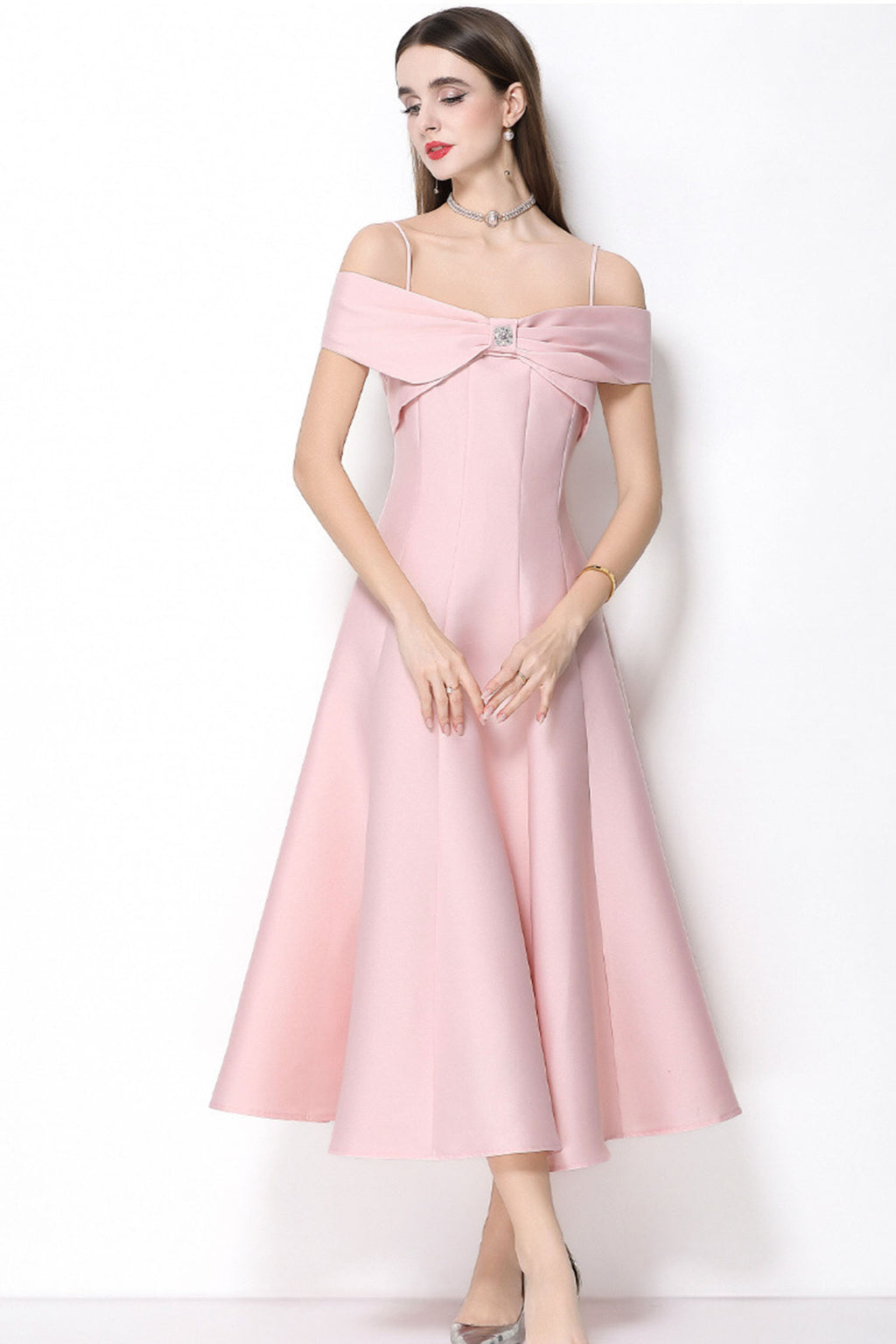 Clementine Pink Bow Spaghetti Strap Midi Dress