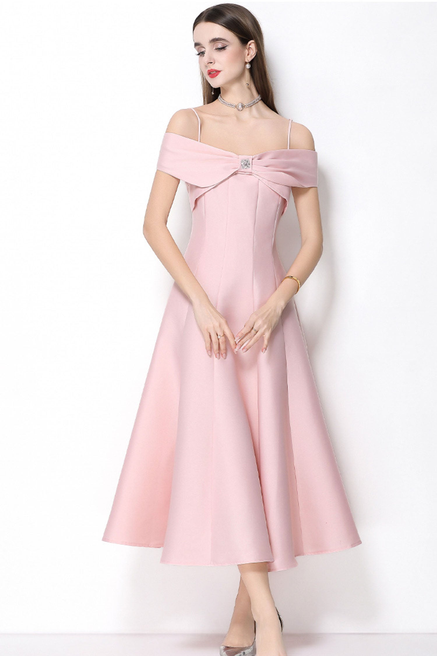 Clementine Pink Bow Spaghetti Strap Midi Dress