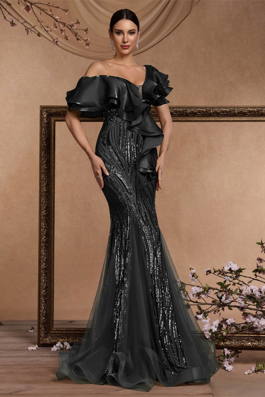 Cyrus Black Sequin Ruffled Sleeve Maxi Dress