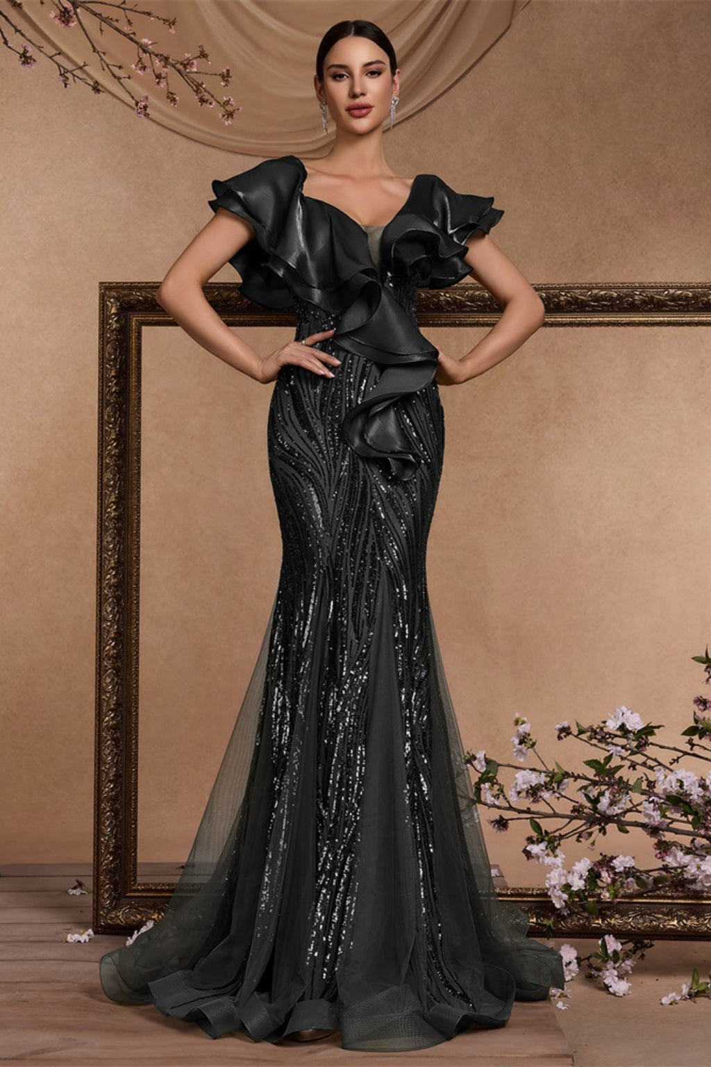 Cyrus Black Sequin Ruffled Sleeve Maxi Dress