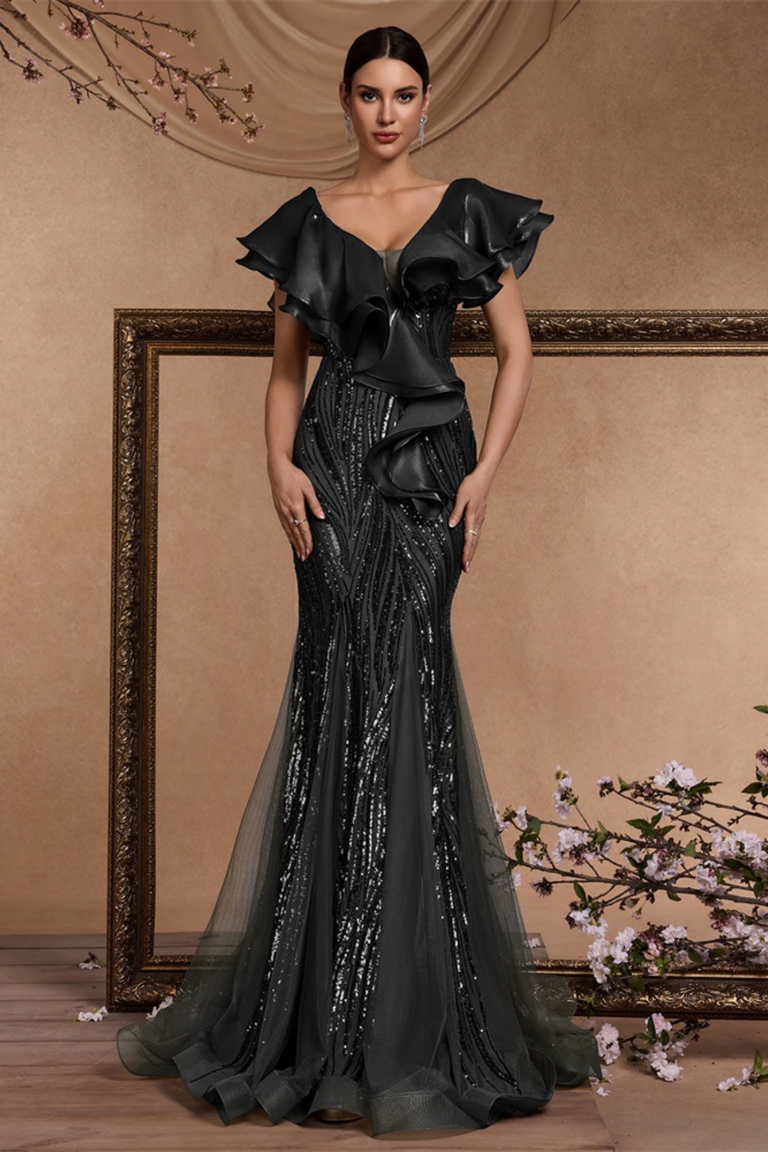 Cyrus Black Sequin Ruffled Sleeve Maxi Dress Main image