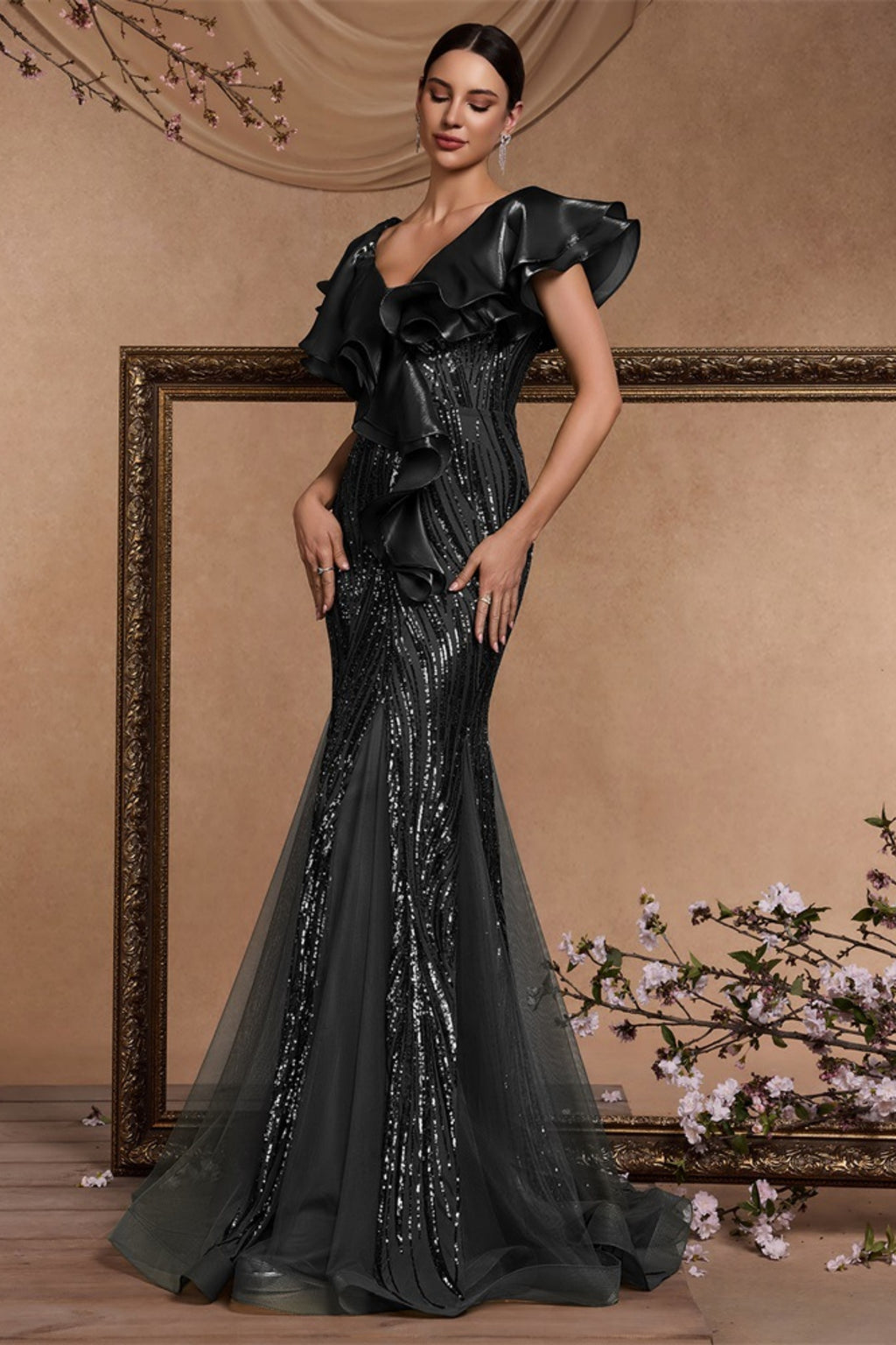 Cyrus Black Sequin Ruffled Sleeve Maxi Dress