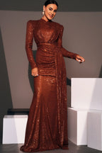 Dacia Sequin Long Sleeve Maxi Dress In Brown
