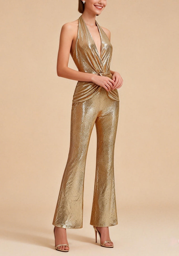 Dorian Gold Sequin Halter Jumpsuit