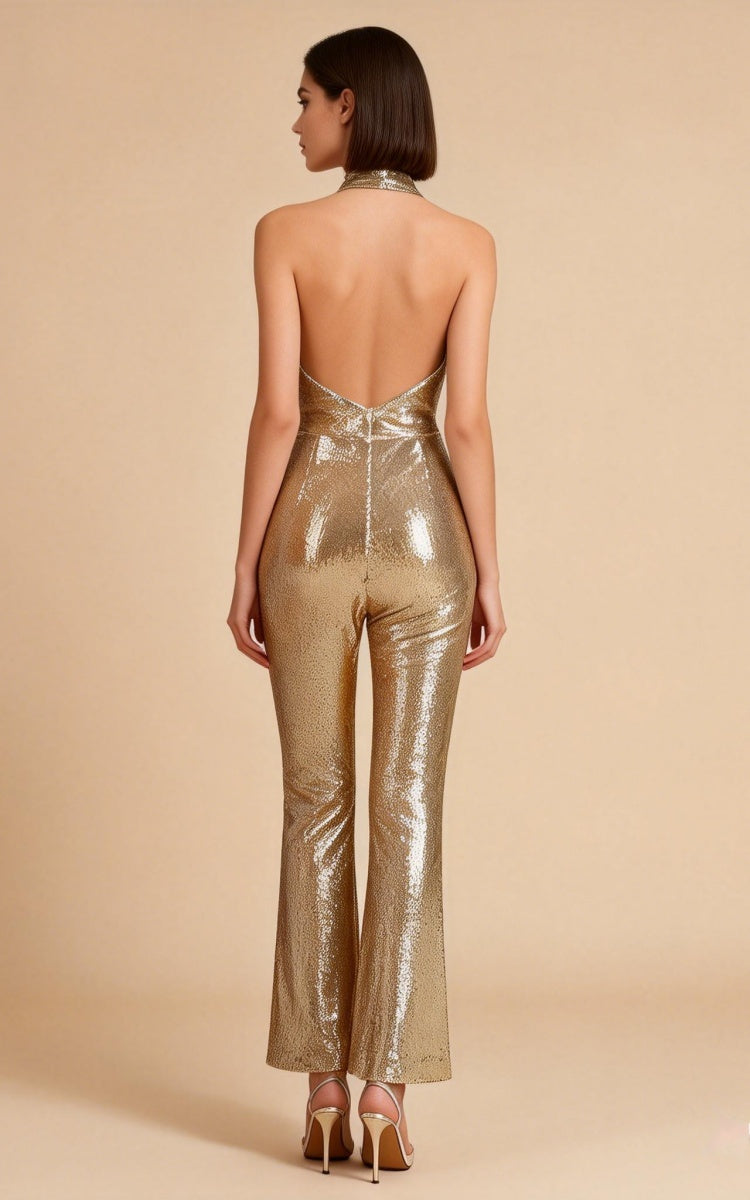 Dorian Gold Sequin Halter Jumpsuit