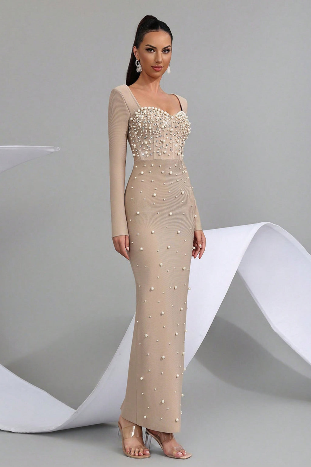 Edwin Apricot Beaded Bodycon Bandage Dress