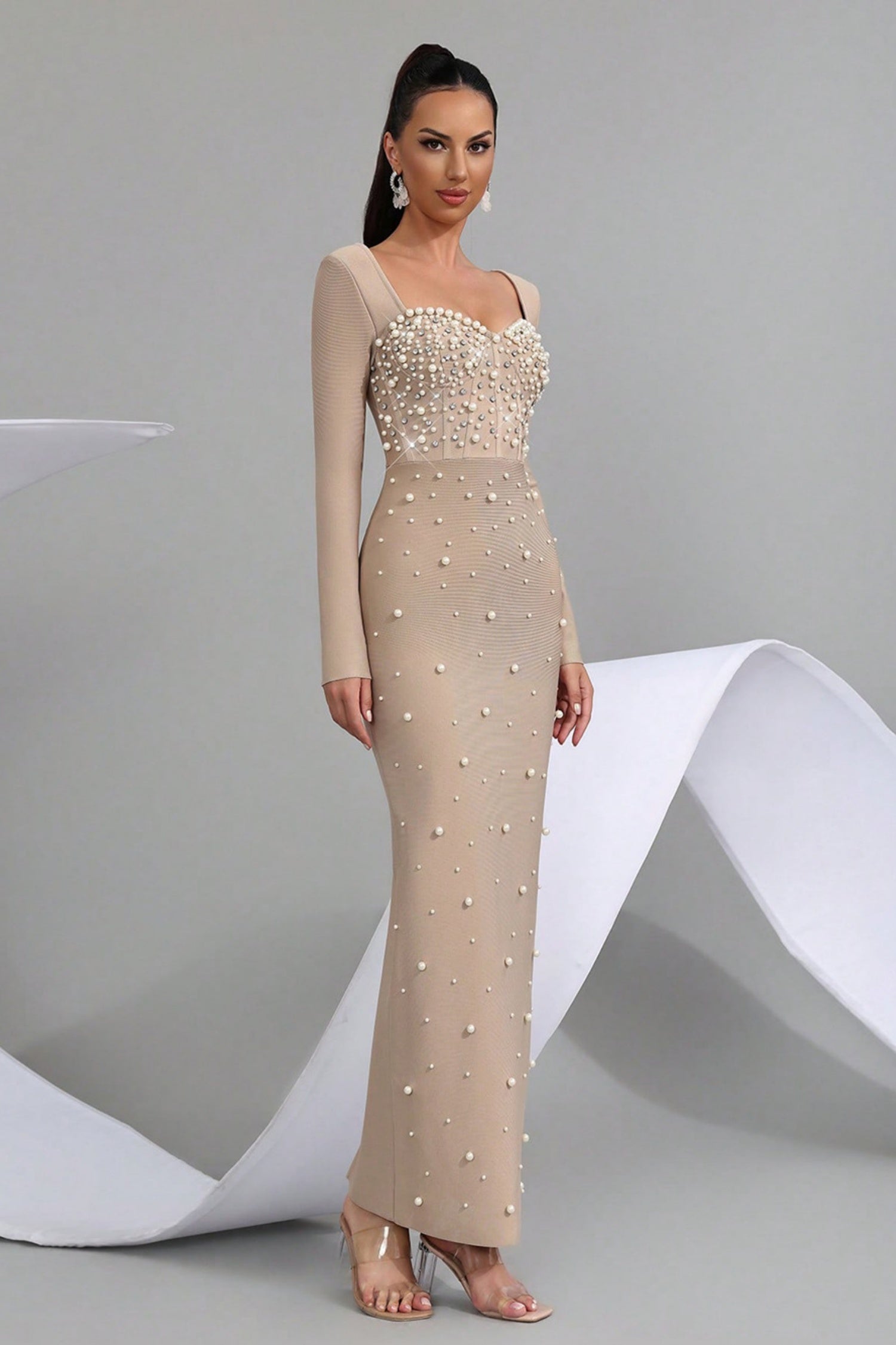 Edwin Apricot Beaded Bodycon Bandage Dress