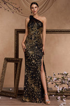 Elara Black One Shoulder Print Maxi Dress